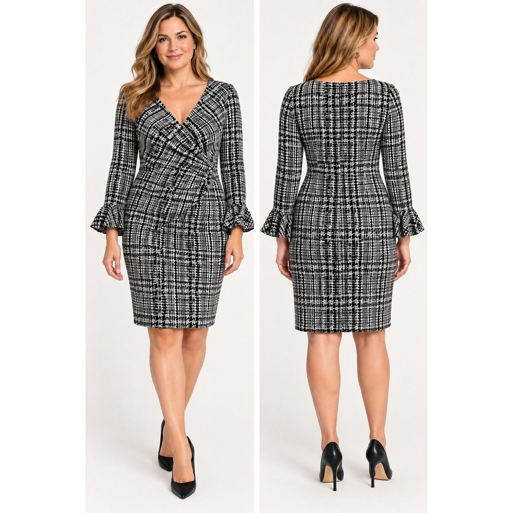 Lauren Ralph Lauren Dress Size 14 Black White Plaid Ruched Sheath Long Sleeve